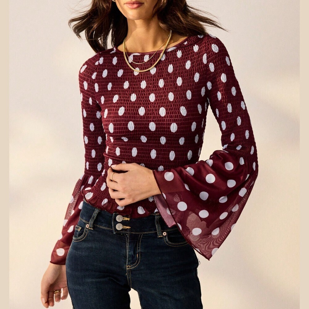 Burgundy Polka Dot Smocked Bell Sleeve Mesh Top